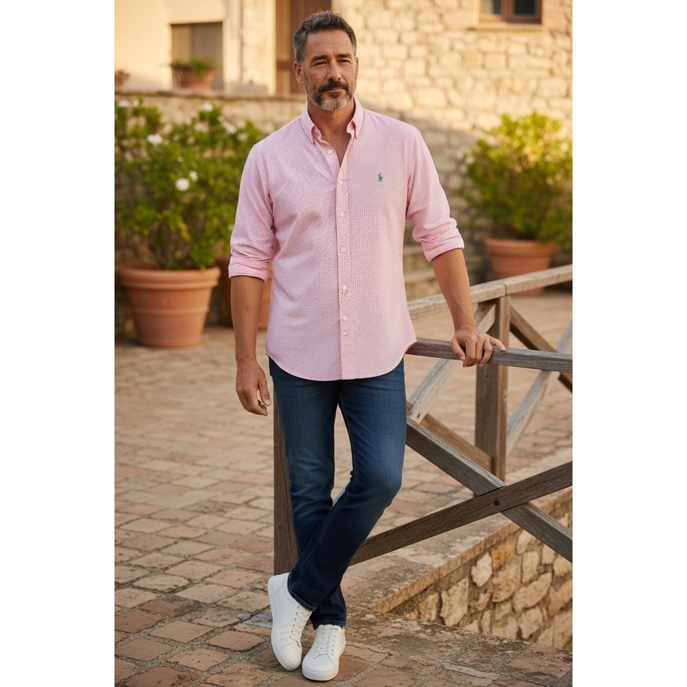 Ralph Lauren Mens Gingham Button Down Shirt Pink White Cotton Long Sleeve L